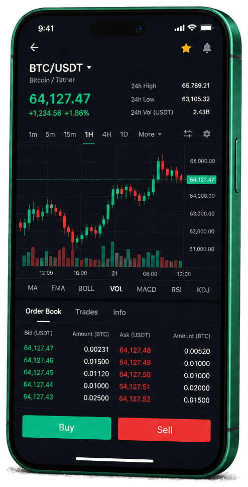 Index Kapidex 2U plataforma de operaciones móviles: gráfico BTC/USDT en vivo, libro de órdenes e interfaz de compra/venta
